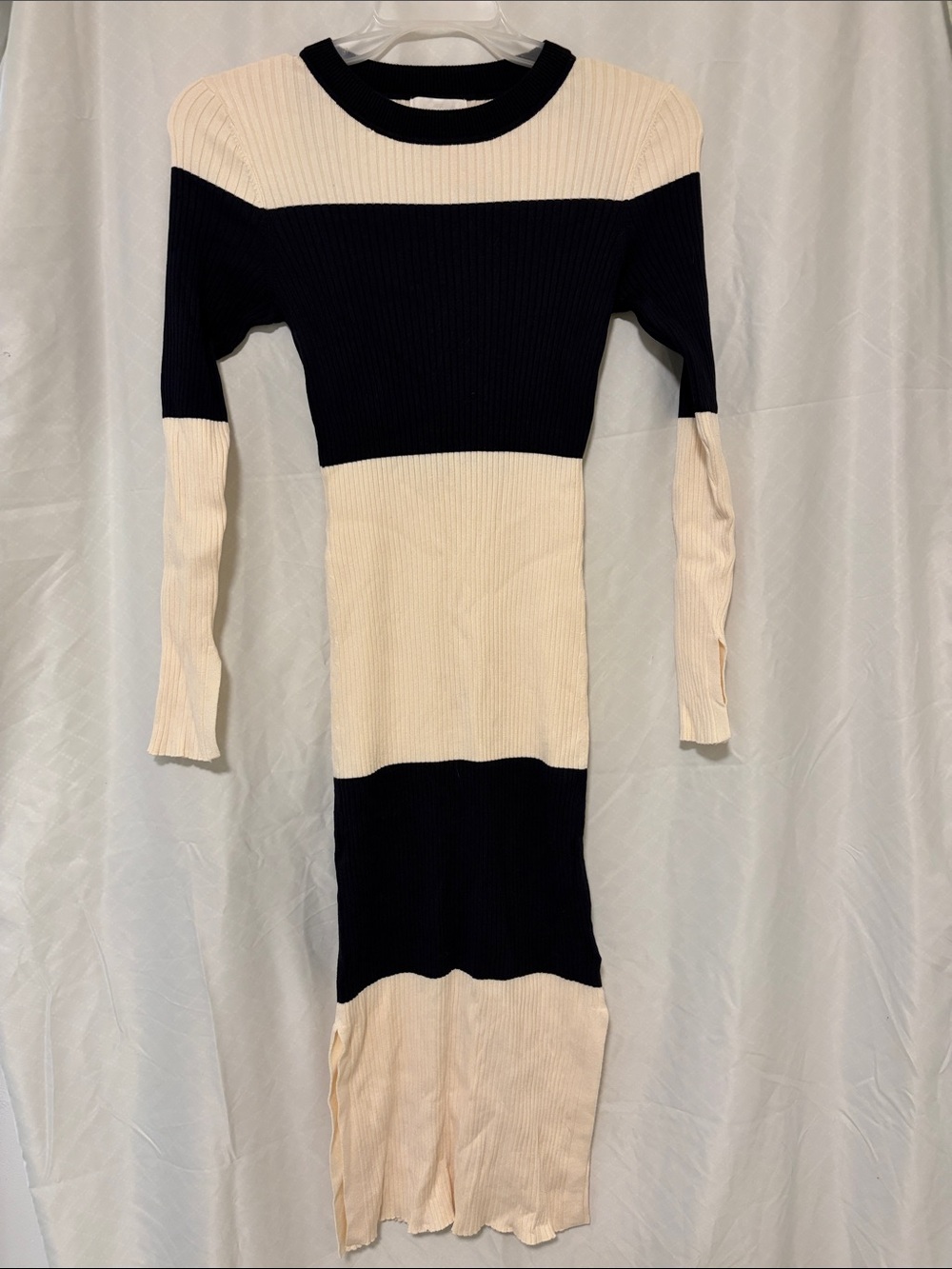 H&M Black and Cream Ribbed Long Sleeve Midi Dress